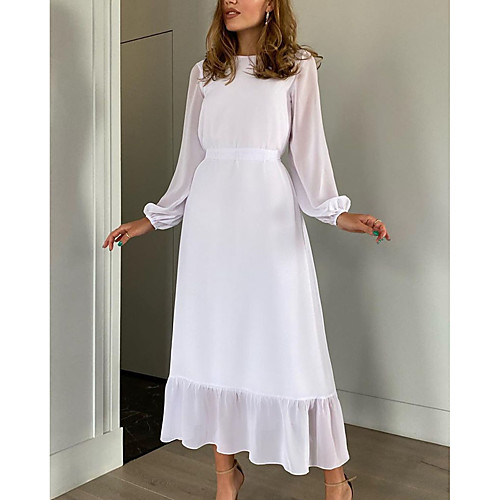

Women's Chiffon Dress Maxi long Dress White Long Sleeve Solid Color Fall Summer Round Neck Casual Holiday 2021 S M L XL