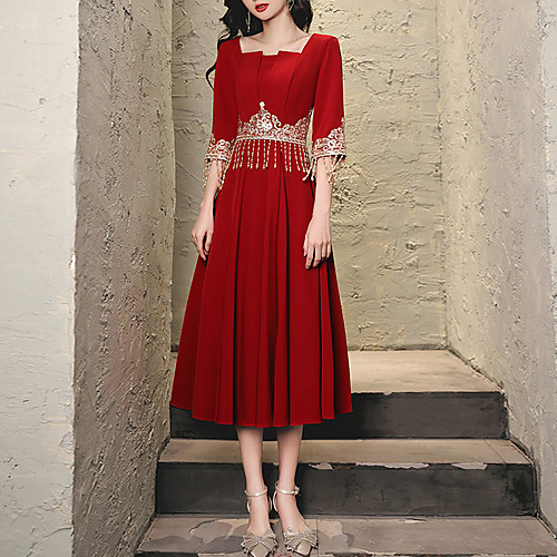 

A-Line Elegant Floral Party Wear Prom Dress Scoop Neck Half Sleeve Tea Length Stretch Fabric with Beading Tassel 2021