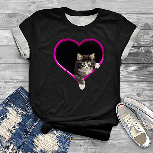 

Women's Plus Size Tops T shirt Cat Graphic Animal Print Short Sleeve Crewneck Basic Summer Black Big Size XL XXL 3XL 4XL 5XL