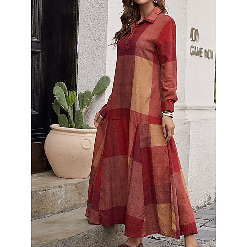 

Women's Swing Dress Maxi long Dress Red Wine Long Sleeve Plaid / Check Spring Summer Casual Loose S M L XL / Plus Size / Plus Size