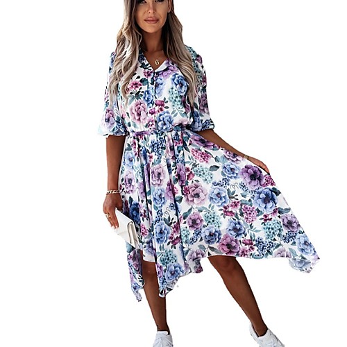 

Women's Swing Dress Midi Dress Blue Blushing Pink Red Half Sleeve Print Spring Summer Casual / Daily 2021 S M L XL 2XL