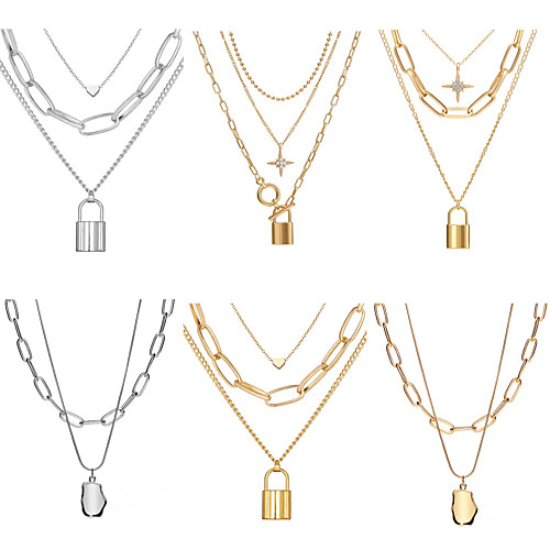 

LUREME 6 Pcs Multi-layer Necklace Creative Retro Simple Peach Heart Lock Pendant Three-layer Sweater Chain Necklace for Women and Men (js000041)