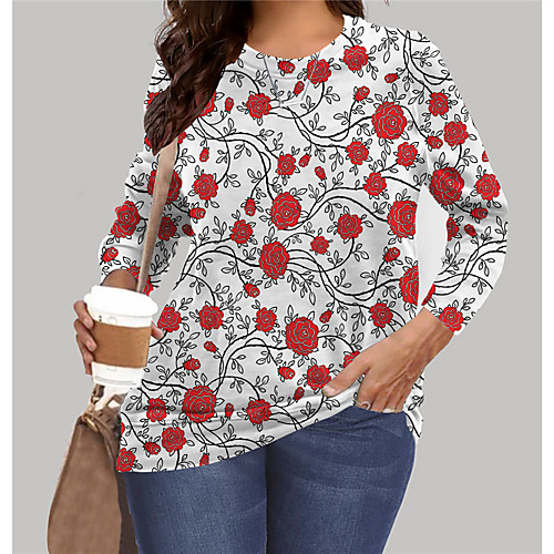 

Women's Plus Size Tops Sweatshirt Floral Graphic Print Long Sleeve Crewneck Basic Red Big Size XL XXL 3XL 4XL 5XL