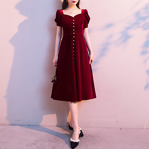 

A-Line Minimalist Elegant Party Wear Cocktail Party Dress Sweetheart Neckline Short Sleeve Tea Length Velvet with Buttons Ruched Split 2021