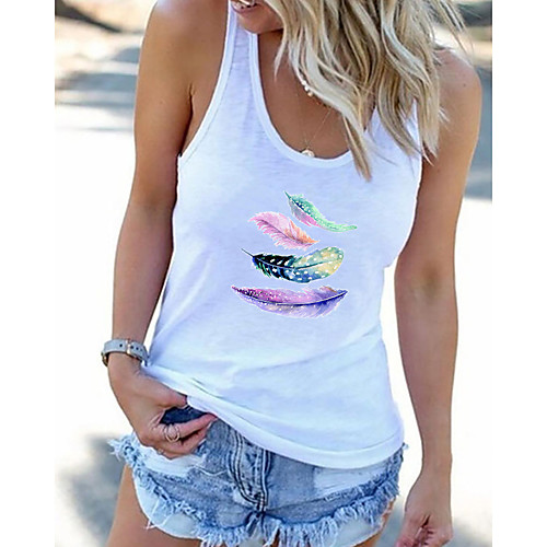 

Women's Tank Top Vest Feather Print U Neck Basic Streetwear Tops White Black Gray