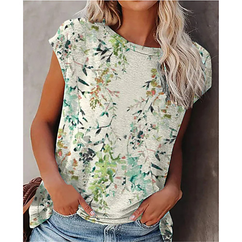 

Women's Floral Theme T shirt Plants Flower Round Neck Basic Tops Blue Blushing Pink Green