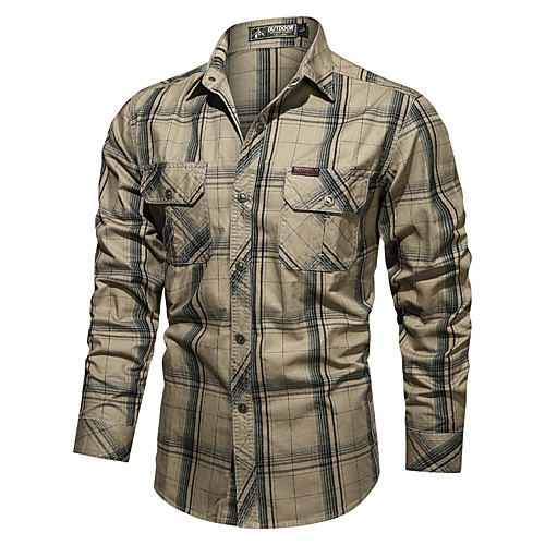 

Men's Shirt non-printing Lattice Plus Size collared shirts Long Sleeve Outdoor Tops 100% Cotton Military Blue Army Green Khaki / Winter