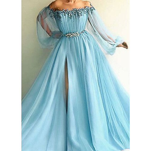 

A-Line Elegant Formal Evening Dress Off Shoulder Long Sleeve Sweep / Brush Train Tulle with Beading Appliques Split Front 2021