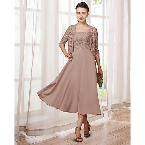 

Two Piece A-Line Mother of the Bride Dress Elegant Jewel Neck Tea Length Chiffon Lace Half Sleeve with Appliques 2021