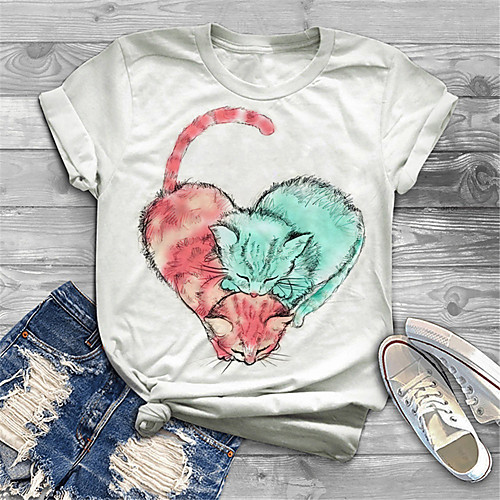 

Women's Plus Size Tops T shirt Cat Graphic Animal Print Short Sleeve Crewneck Basic White Big Size XL XXL 3XL 4XL 5XL / Holiday