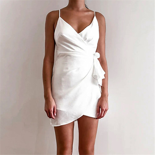 

Women's Strap Dress Short Mini Dress White Sleeveless Solid Color Ruffle Fall Summer V Neck Casual Holiday 2021 S M L
