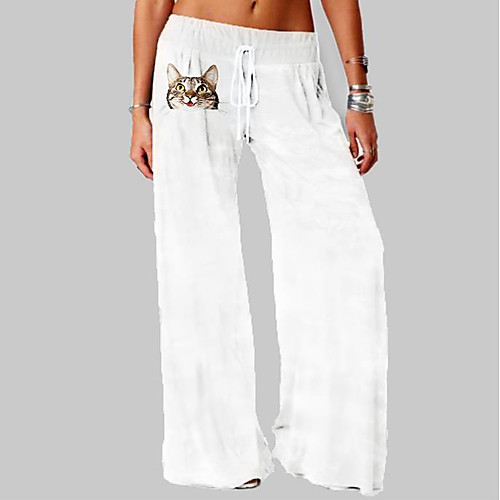 

Women's Basic Soft Comfort Daily Home Wide Leg Pants Cat Sunflower Full Length Elastic Drawstring Design Print White Yellow Khaki
