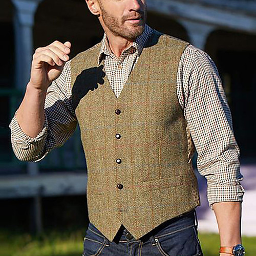 

Men's Suit Vest Waistcoat Party Evening Festival Casual Vintage British Plaid Single Breasted One-button Slim Polyester Men's Suit Khaki - V Neck