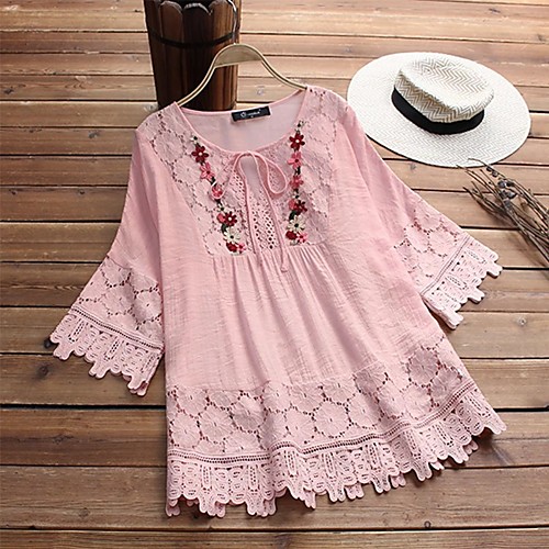 

Women's Plus Size Tops Blouse Shirt Floral Long Sleeve V Neck Spring Summer Purple Blushing Pink Green Big Size L XL XXL 3XL 4XL