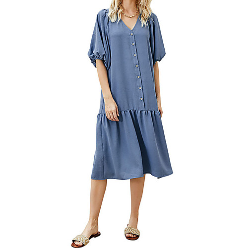

Women's Denim Shirt Dress Midi Dress Blue White Half Sleeve Solid Color Summer V Neck Elegant Casual 2021 S M L XL