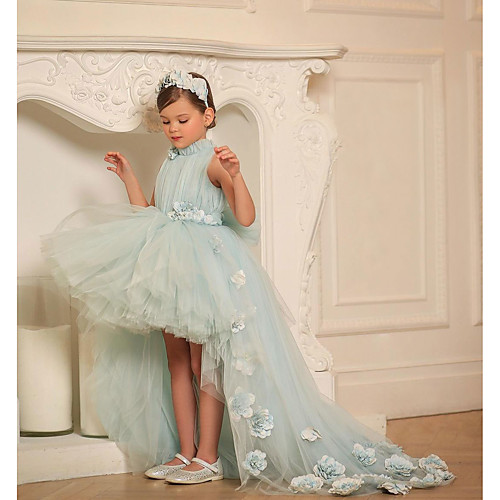 

Ball Gown Court Train Flower Girl Dresses Party Tulle Sleeveless Jewel Neck with Tier
