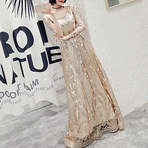 

A-Line Glittering Elegant Wedding Guest Formal Evening Dress V Neck Half Sleeve Floor Length Sequined with Sequin 2021
