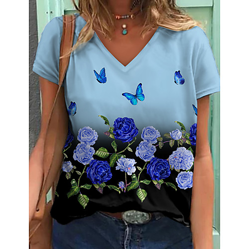 

Women's Floral Theme Butterfly Painting T shirt Floral Butterfly Color Block Print V Neck Basic Tops Blue