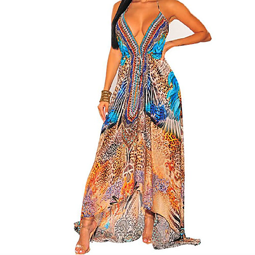 

Women's Sundress Maxi long Dress Blue Yellow Green Red Brown Light Green Sleeveless Print Print Summer V Neck Boho Beach 2021 S M L XL