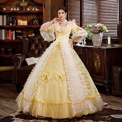 

Princess Queen Elizabeth Victorian Maria Antonietta Rococo Baroque 18th Century Square Neck Vacation Dress Dress Outfits Party Costume Masquerade Women's Floral Lace Bow Costume Golden Vintage Cosplay