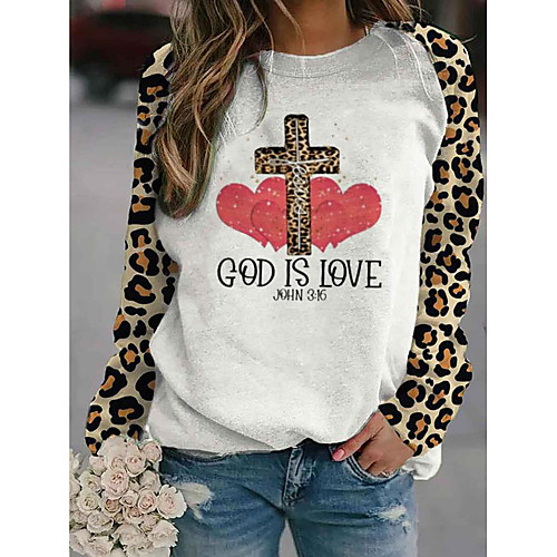 

Women's Sweatshirt Pullover Heart Leopard Text Patchwork Print Casual Daily Sports Hot Stamping Sportswear Streetwear Hoodies Sweatshirts Loose White