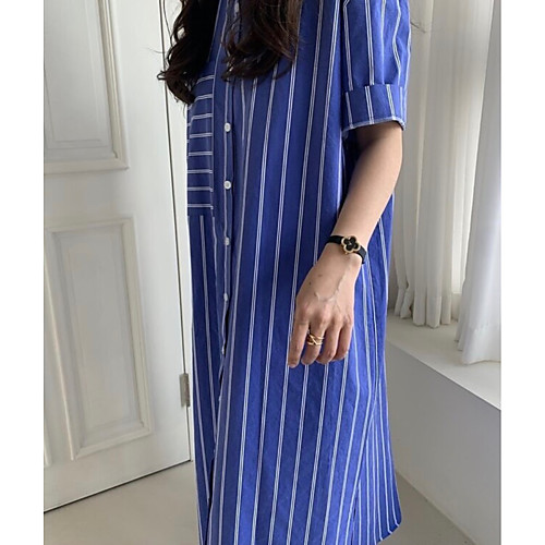 

Women's Shift Dress Midi Dress Blue White Half Sleeve Stripes Fall Spring Casual 2021 M L / Cotton / Cotton