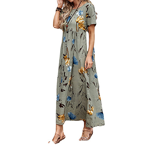 

Women's Swing Dress Maxi long Dress Light Grey Short Sleeve Print Spring Summer Casual S M L XL XXL / Plus Size / Plus Size