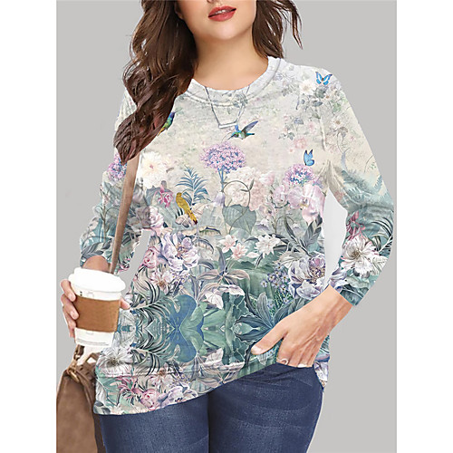 

Women's Plus Size Tops Pullover Sweatshirt Floral Graphic Print Long Sleeve Crewneck Basic Fall Summer Yellow White Big Size XL XXL 3XL 4XL 5XL