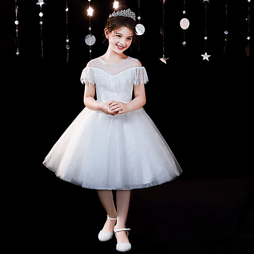 

A-Line Knee Length Flower Girl Dresses Party Chiffon Short Sleeve Jewel Neck with Cascading Ruffles