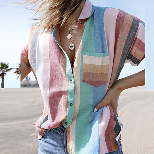 

Women's Holiday Blouse Shirt Striped Color Block Button Print Shirt Collar Basic Streetwear Tops Rainbow