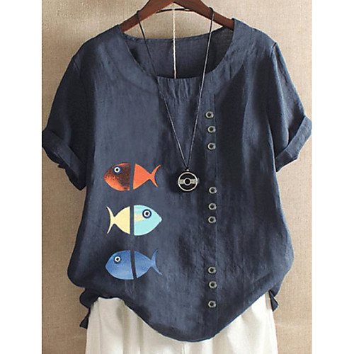 

Women's Plus Size Tops Blouse Shirt Print Fish Short Sleeve Round Neck Summer Navy Green White Big Size XL 2XL 3XL 4XL 5XL