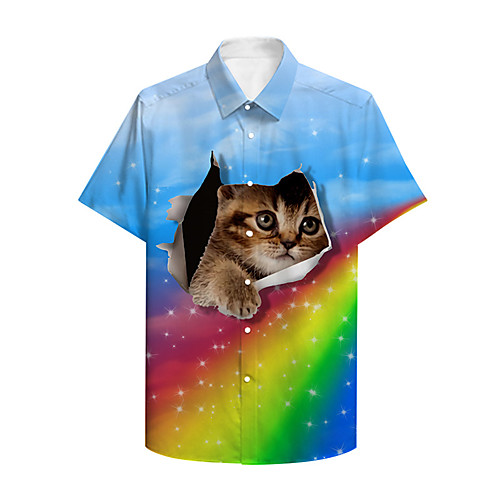 

Men's Shirt 3D Print Rainbow Cat Animal Plus Size 3D Print Button-Down Short Sleeve Casual Tops Casual Fashion Breathable Comfortable Blue / Sports