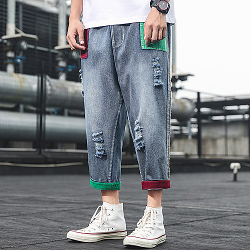 

Men's Stylish Sporty Casual / Sporty Streetwear Comfort Daily Sports Pants Jeans Trousers Pants Patchwork Full Length Drawstring Pocket Elastic Drawstring Design Light Blue