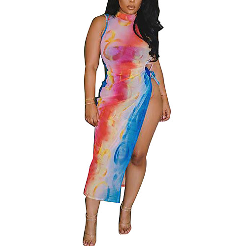 

Women's Cheongsam Dress Maxi long Dress Rainbow Sleeveless Tie Dye Summer Chinoiserie Slim 2021 S M L XL XXL