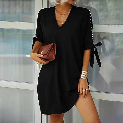 

Women's Swing Dress Knee Length Dress Black Dark Blue Long Sleeve Solid Color Spring Summer Casual Loose 2021 S M L XL XXL