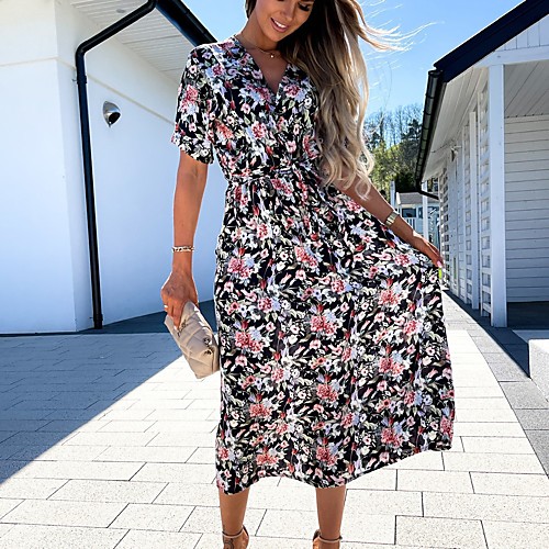 

2021 european and american cross-border spring and summer new v-neck waistband printed large-length mid-length dress