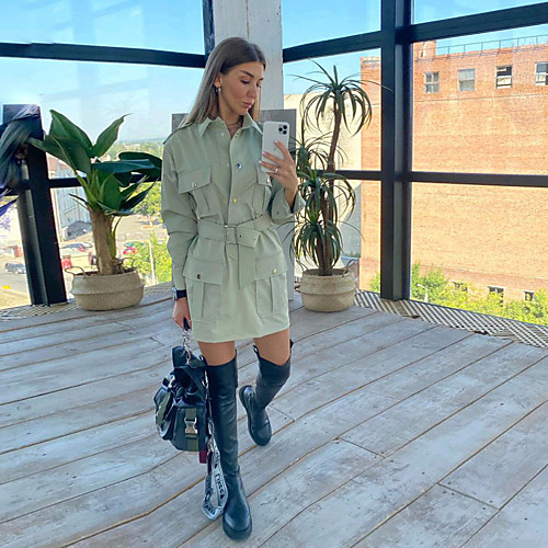 

Women's Shirt Dress Short Mini Dress Green Army Green Long Sleeve Solid Color Summer Casual 2021 S M L XL XXL