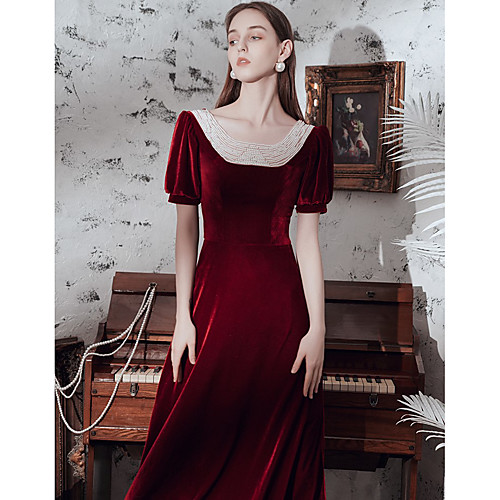 

A-Line Empire Vintage Engagement Formal Evening Dress Scoop Neck Short Sleeve Ankle Length Velvet with Pearls 2021