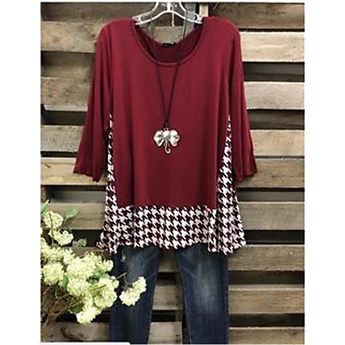 

Women's Plus Size Tops Blouse Plaid / Check Solid Color Long Sleeve Round Neck Red Big Size L XL XXL XXXL / Cotton