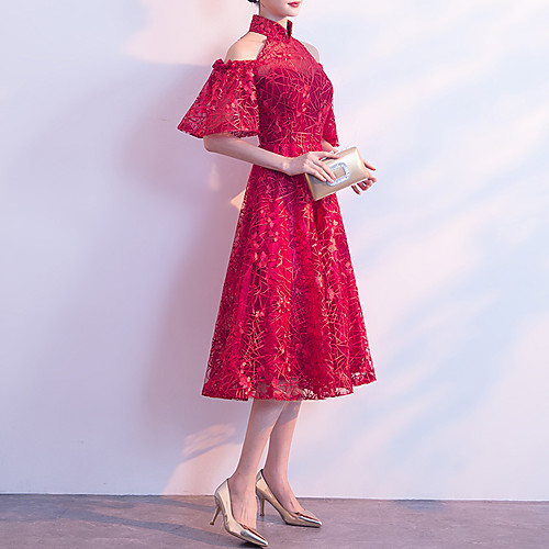 

A-Line Elegant Floral Party Wear Cocktail Party Dress Stand Collar Short Sleeve Knee Length Tulle with Pleats Embroidery 2021