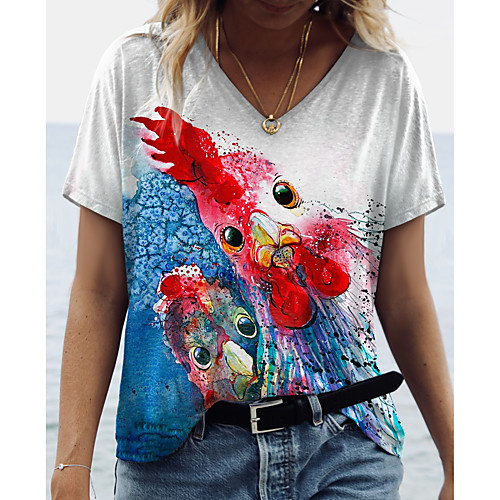 

Women's 3D Printed Painting T shirt Graphic 3D Animal Print V Neck Basic Tops Blue