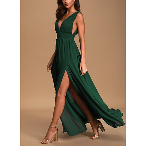 

A-Line Minimalist Elegant Engagement Formal Evening Dress V Neck Sleeveless Floor Length Chiffon with Pleats Split 2021