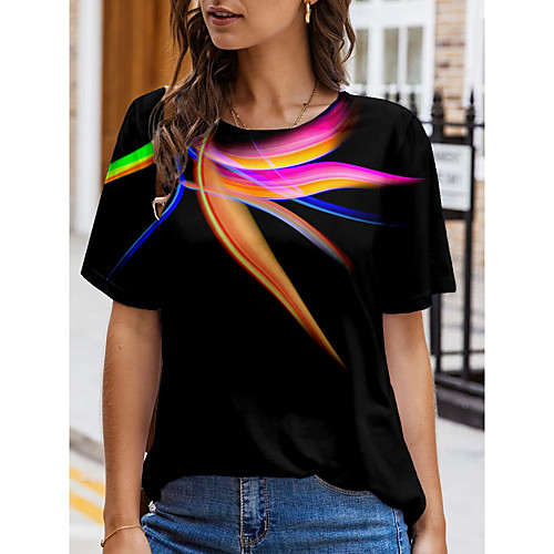 

Women's Abstract Painting T shirt Graphic Color Block Print Round Neck Basic Tops Black