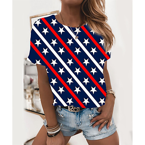 

Women's Painting T shirt Striped Geometric Print Round Neck Basic Tops Blue