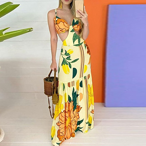

Women's Strap Dress Maxi long Dress Yellow Sleeveless Floral Hollow To Waist Summer cold shoulder Casual Holiday 2021 S M L XL