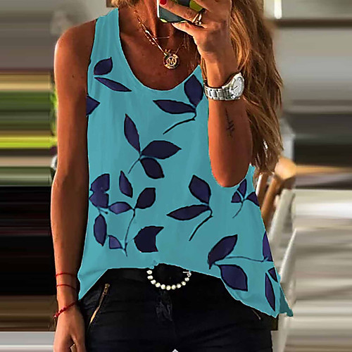 

Women's Holiday Floral Theme Blouse Tank Top Vest Leaf Print Round Neck Basic Streetwear Tops Blue White