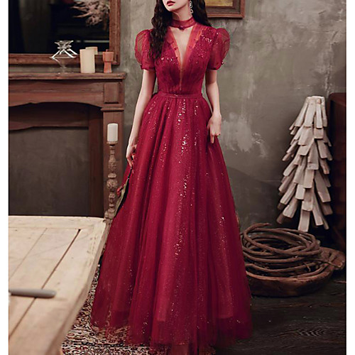 

A-Line Glittering Beautiful Back Engagement Formal Evening Dress High Neck Short Sleeve Floor Length Tulle with Pleats Beading Sequin 2021