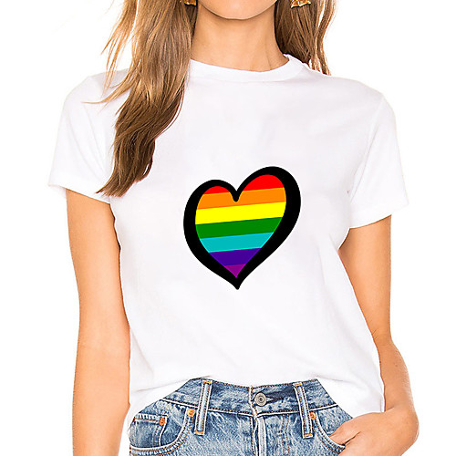 

Women's Painting T shirt Rainbow Heart Print Round Neck Basic LGBT Pride Tops White Black
