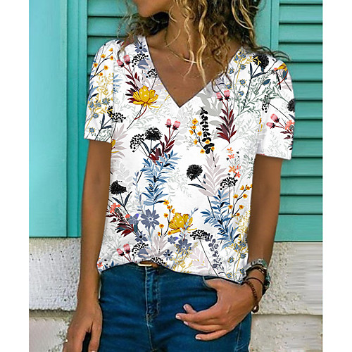 

Women's Floral Theme Painting T shirt Floral Graphic Print V Neck Basic Tops Yellow