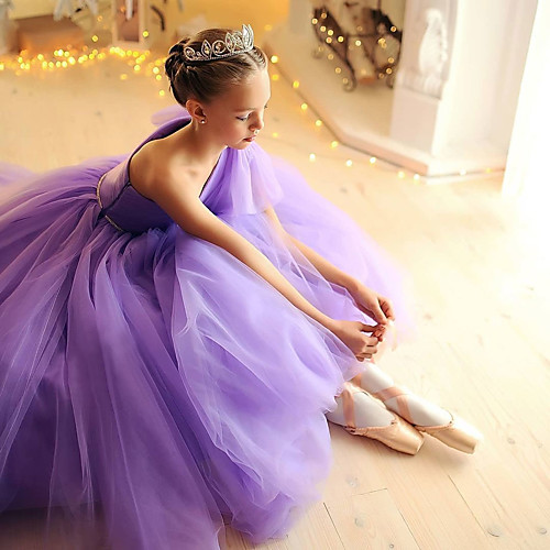

A-Line Floor Length Flower Girl Dresses Party Tulle Sleeveless One Shoulder with Solid